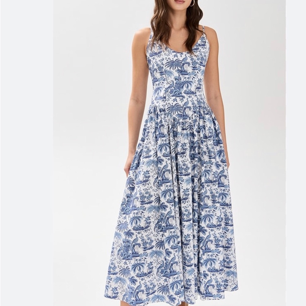 Caroline Constas Blue and White Patterned Maxi Dress